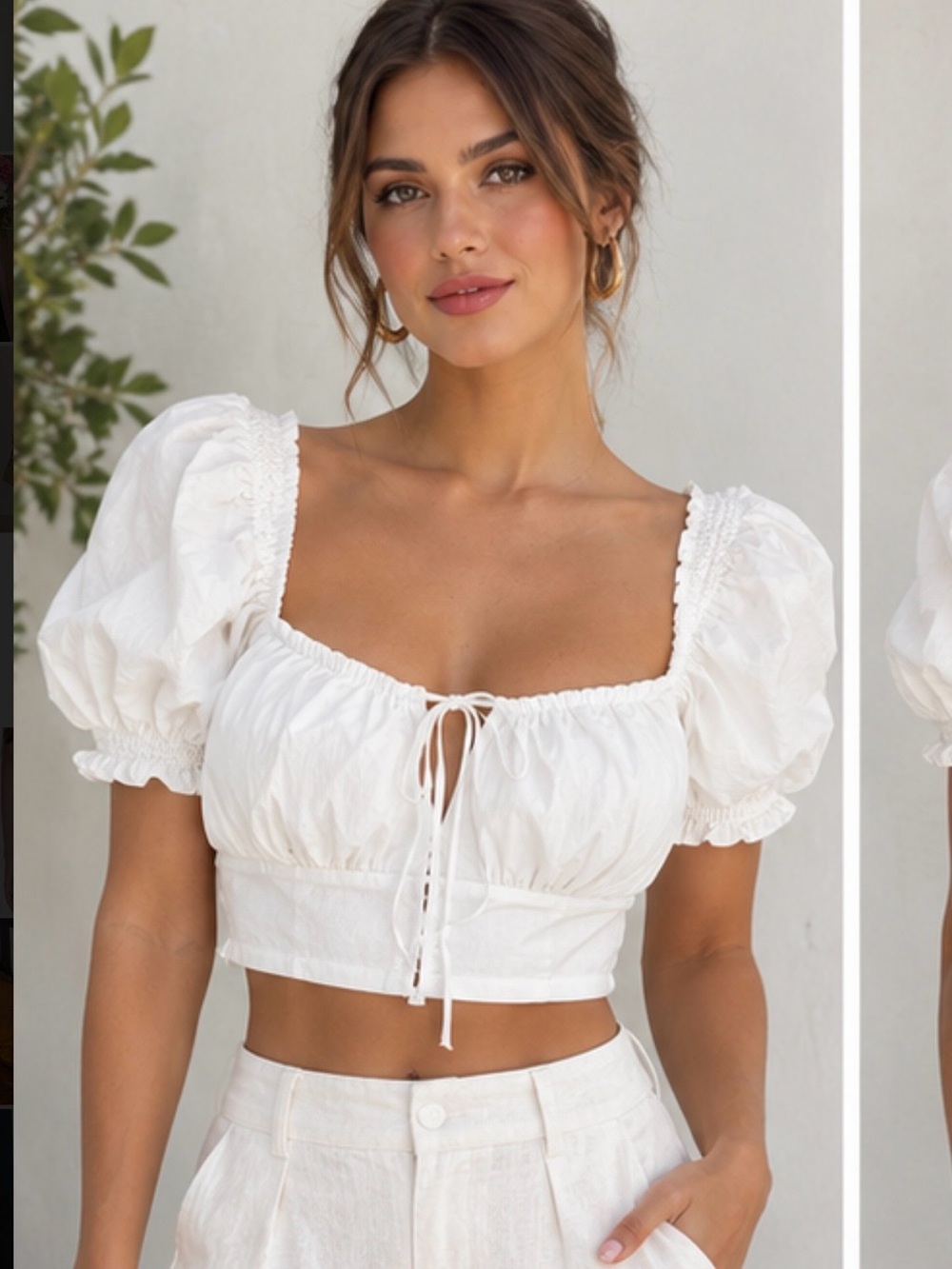 Zara White Puff-Sleeve Tie-Front Crop Top